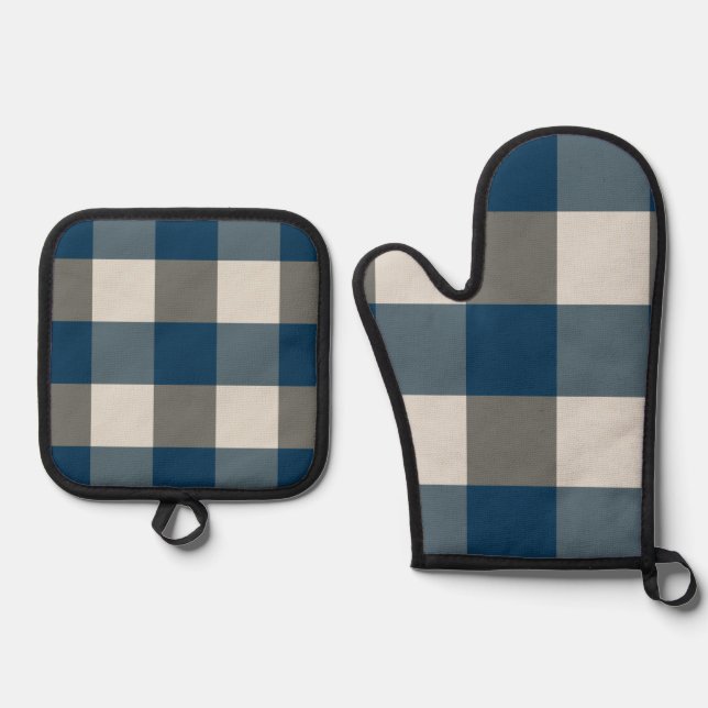 Set De Manoplas Comprobación de búfalo blanco gris azul (Anverso)