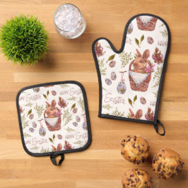 Set De Manoplas Conejo de Pascua en una canasta