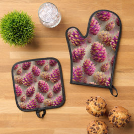 Set De Manoplas Cones de rosa rosado de invierno con acentos dorad