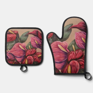Set De Manoplas conjunto de mitones de horno de anturio rojo y ros