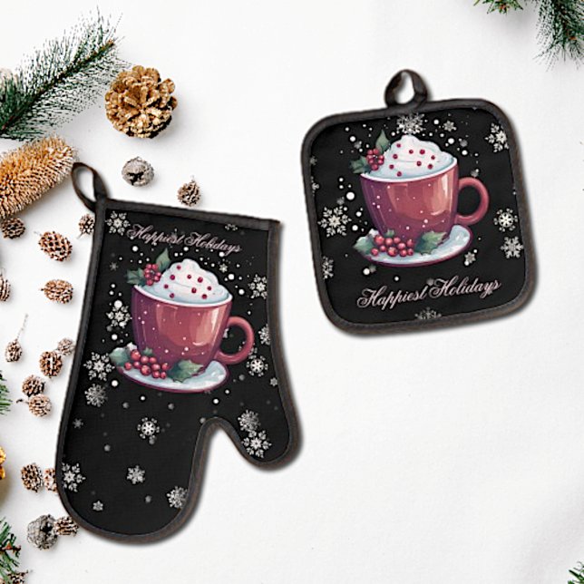 Set De Manoplas Copa de navidades de chocolate caliente (Christmas Cup of Hot Chocolate Oven Mitt Pot Holder Set)