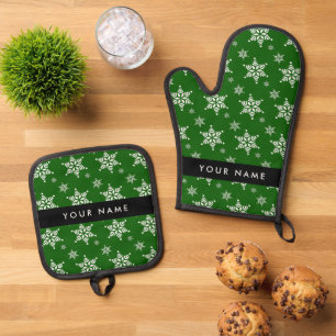 Set De Manoplas Copia de Copos de nieve blancos, Verde, Tu nombre,