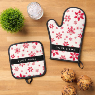 Set De Manoplas Copos de nieve rojos, tu nombre, personaliza