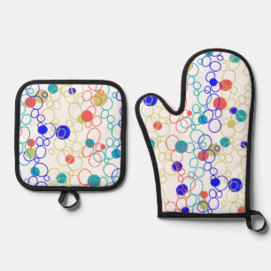 Set De Manoplas Coral Blue Aqua Modern Circles Dots
