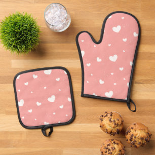 Set De Manoplas Corazones blancos con Mitt de Horno Rosado y porta