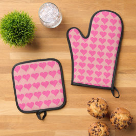 Set De Manoplas Corazones de Punto de Polka Rosa