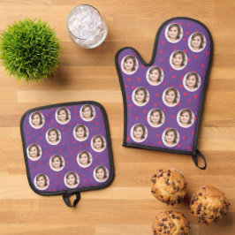 Set De Manoplas Corazones Rojos Foto Personalizada de Niño Morado