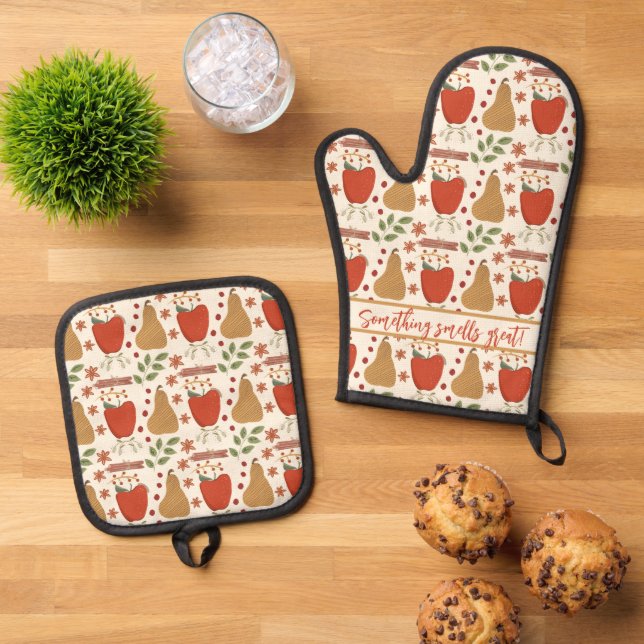Set De Manoplas Cosecha Rustica Oven Mitts: manzanas, peras, canel (De arriba hacia abajo)