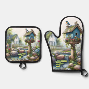 Set De Manoplas Cottagecore Pajarera Jardín Acuarela
