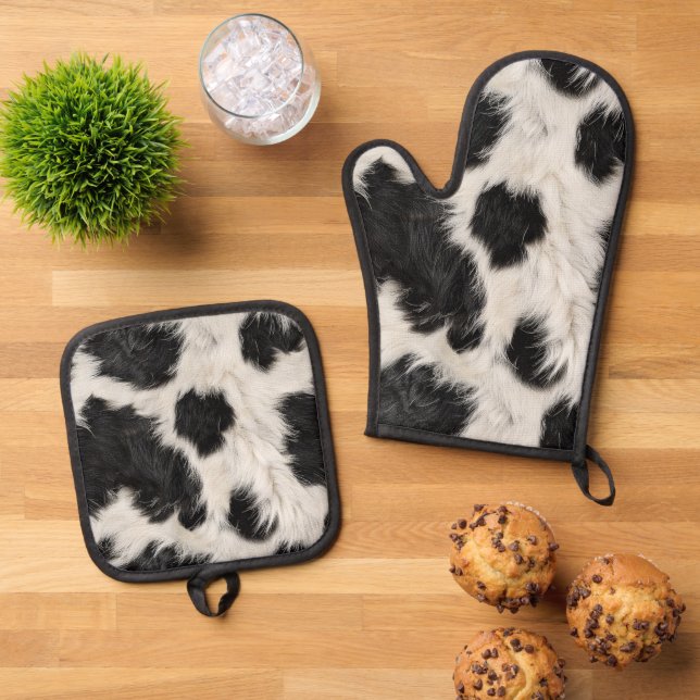 Set De Manoplas Cow Black White Spots Fur (De arriba hacia abajo)