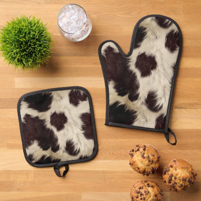 Set De Manoplas Cow Black White Spots Fur (De arriba hacia abajo)