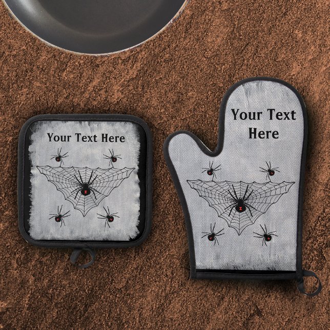 Set De Manoplas Crawling poisonous Black Widow Spiders Web White (crawling poisonous black widow spiders in triangular web on black and white oven mitt and potholder.)