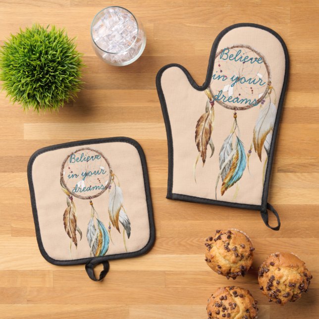 Set De Manoplas Cream Brown Turquoise White Feathers Dream Catcher (De arriba hacia abajo)