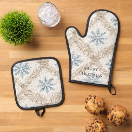 Set De Manoplas Crema azul Navidades Copos de nieve