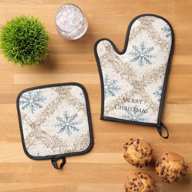 Set De Manoplas Crema azul Navidades Copos de nieve (De arriba hacia abajo)