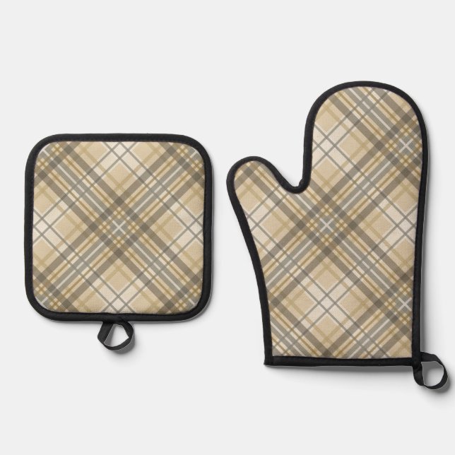 Set De Manoplas Crema, Beige, Taupe Brown Tartán Plaid (Anverso)