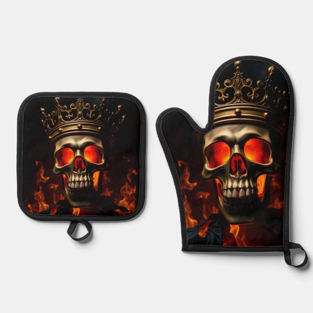 Set De Manoplas Crowned Skull King Halloween Kitchen Art (Anverso)