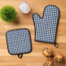 Set De Manoplas Cuadro de Gingham Azul y Blanco