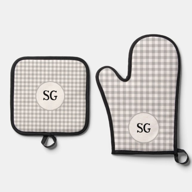 Set De Manoplas Cuadro de Gingham Gris con Monograma  (Anverso)
