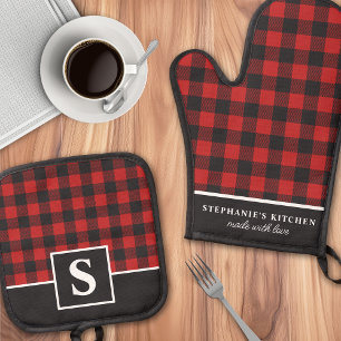 Set De Manoplas Cuadros de Búfalo Rojo y Negro Monogramados