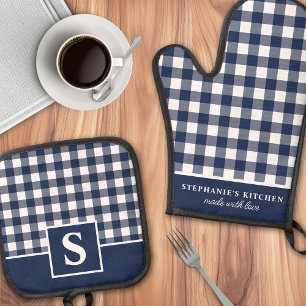 Set De Manoplas Cuadros de gingham azul marino a cuadros monograma