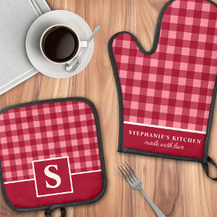 Set De Manoplas Cuadros de gingham rojos y rosados a cuadros monog