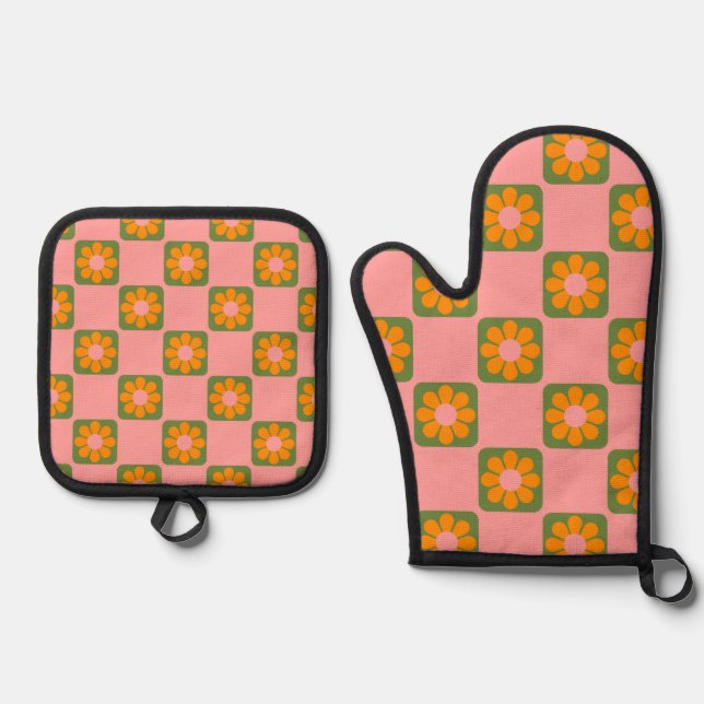 Set De Manoplas Cuadros retro de flores hippie tablero de ajedrez  (Anverso)