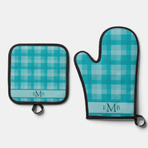 Set De Manoplas Cuadros Turquesa Personalizados con Iniciales de M