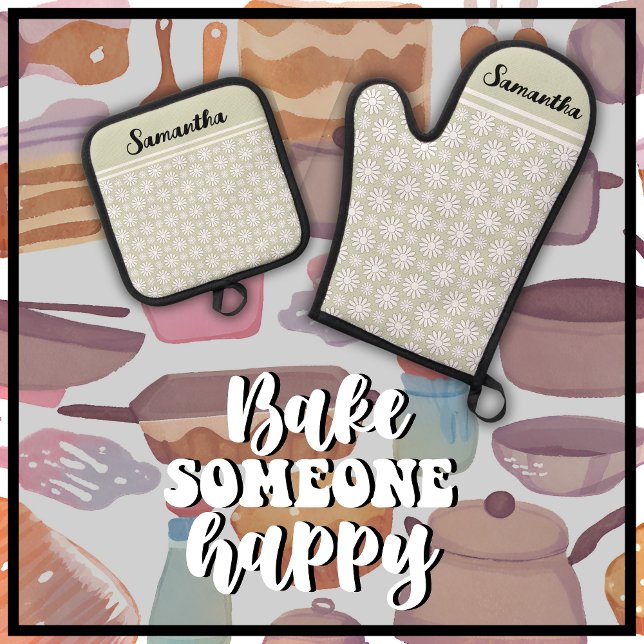 Set De Manoplas Cualquier patrón de mareo floral con nombre (Bake Someone Happy with this cute sage green & white daisy pattern oven mitt and pot holder set.)