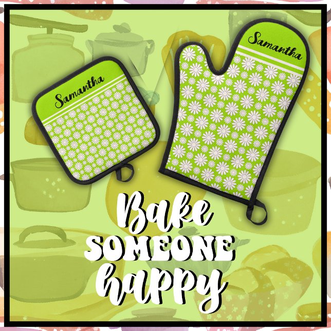 Set De Manoplas Cualquier patrón de mareo floral con nombre (Bake Someone Happy with this cute light green & white daisy pattern oven mitt and pot holder set.)