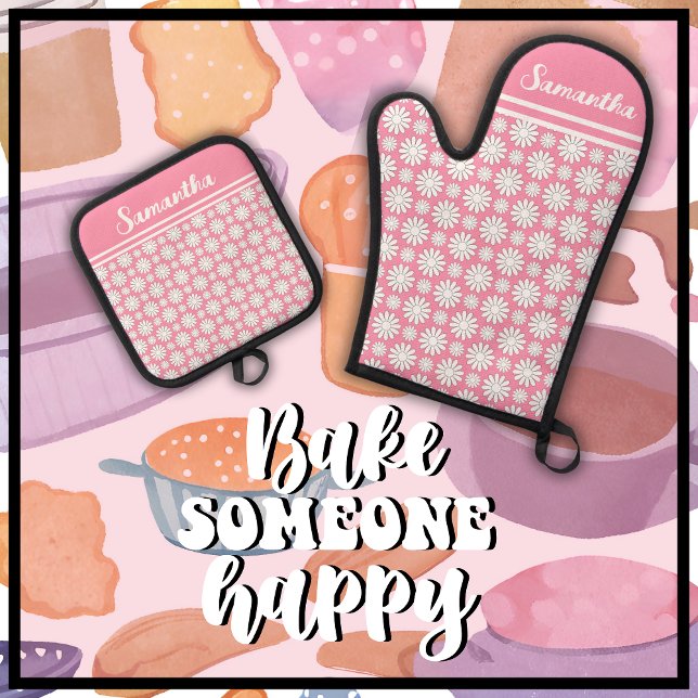Set De Manoplas Cualquier patrón de mareo floral con nombre (Bake Someone Happy with this cute baby pink & white daisy pattern oven mitt and pot holder set.)