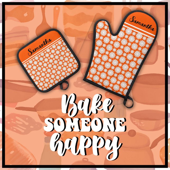Set De Manoplas Cualquier patrón de mareo floral con nombre (Bake Someone Happy with this cute orange & white daisy pattern oven mitt and pot holder set.)