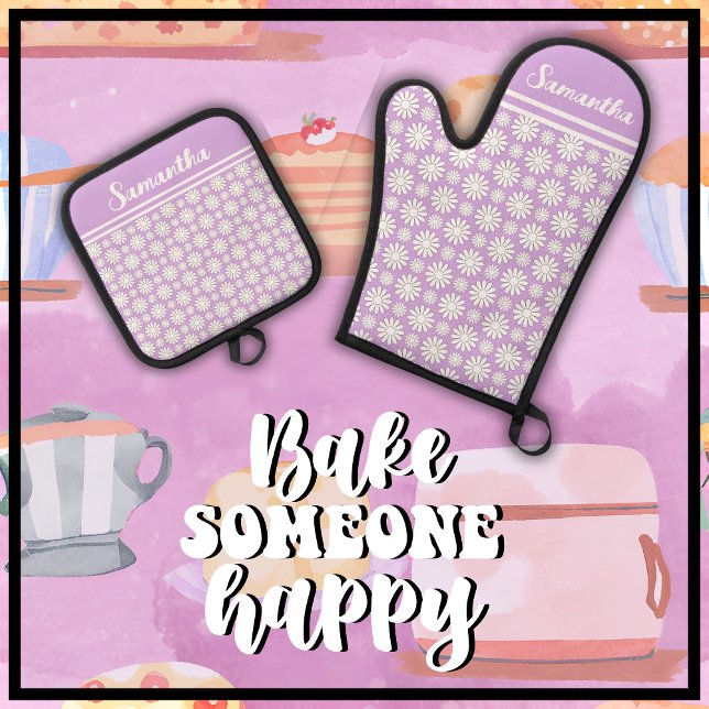 Set De Manoplas Cualquier patrón de mareo floral con nombre (Bake Someone Happy with this cute mauve & white daisy pattern oven mitt and pot holder set.)