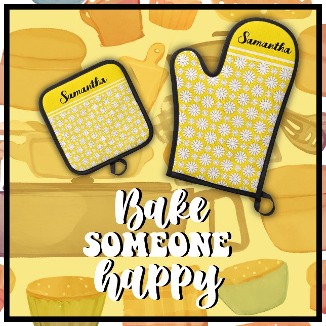 Set De Manoplas Cualquier patrón de mareo floral con nombre (Bake Someone Happy with this cute yellow & white daisy pattern oven mitt and pot holder set.)
