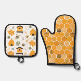 Set De Manoplas Cuidad Honeycomb Happy Funny Bee Yellow Pattern
