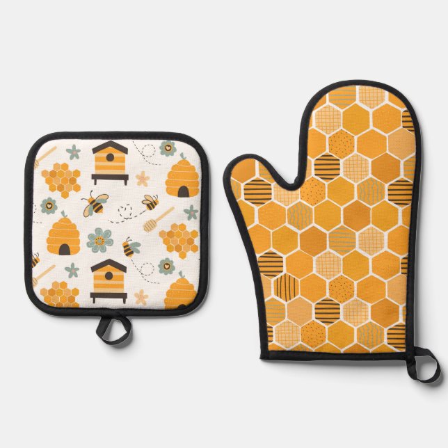 Set De Manoplas Cuidad Honeycomb Happy Funny Bee Yellow Pattern (Anverso)