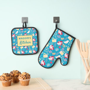 Set De Manoplas Cute azul retro Teacup Hearts Birds Pattern
