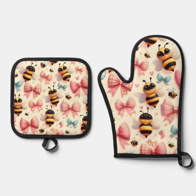 Set De Manoplas Cute Bee Oven Mitts & Pot Holders (Anverso)