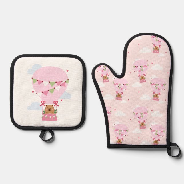 Set De Manoplas Cute Capybara Pink Hot Air Balloon Apron (Anverso)