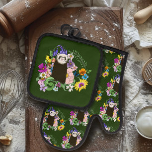Set De Manoplas Cute Chocolate Sable Ferret Floral Verde