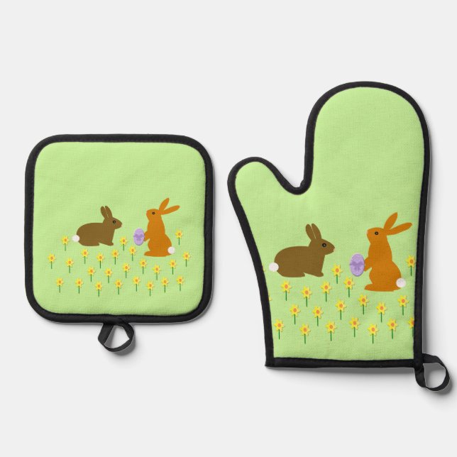 Set De Manoplas Cute conejitos de Pascua y Daffodils (Anverso)