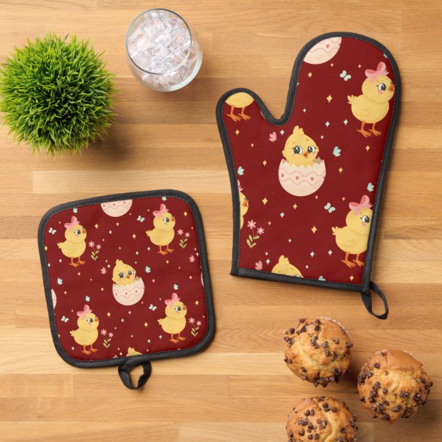 Set De Manoplas Cute Easter Chick with Pink Bow Seamless Pattern  (De arriba hacia abajo)