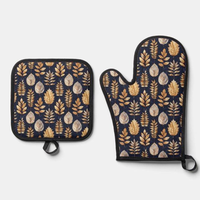 Set De Manoplas Cute Gold/Blue Autums Leaves (Anverso)