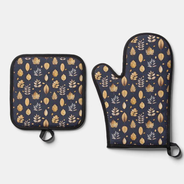 Set De Manoplas Cute Gold/Blue Autums Leaves (Anverso)