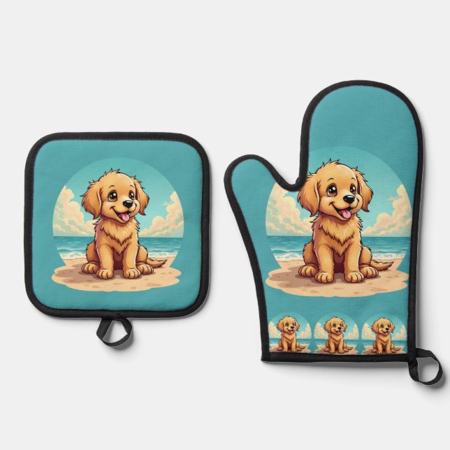 Set De Manoplas Cute Golden Puppy at Sunny Beach Scene (Anverso)