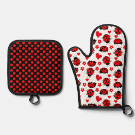 Set De Manoplas Cute Ladybug Polka Dots Black Red Seamless Pattern