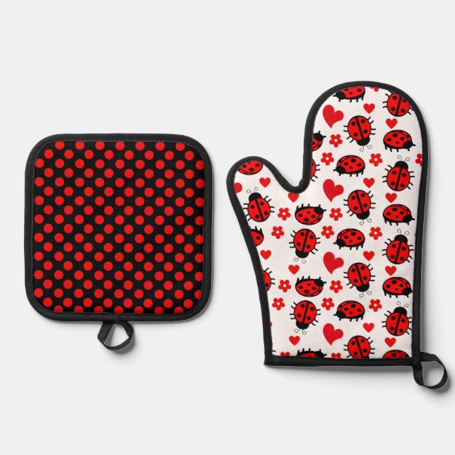 Set De Manoplas Cute Ladybug Polka Dots Black Red Seamless Pattern (Anverso)
