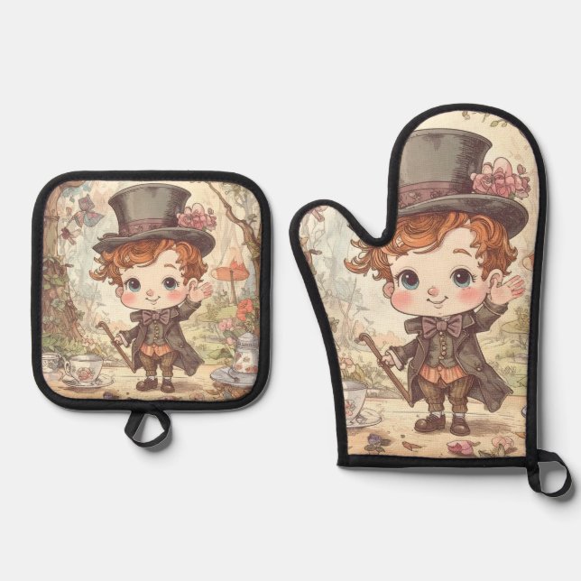 Set De Manoplas Cute Mad Hatter Whimsical Wonderland Woodland Art (Anverso)