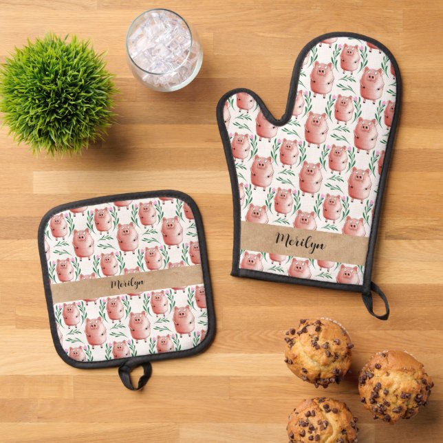 Set De Manoplas Cute Pig Illustration Oven Gloves – Farm Animal  (De arriba hacia abajo)