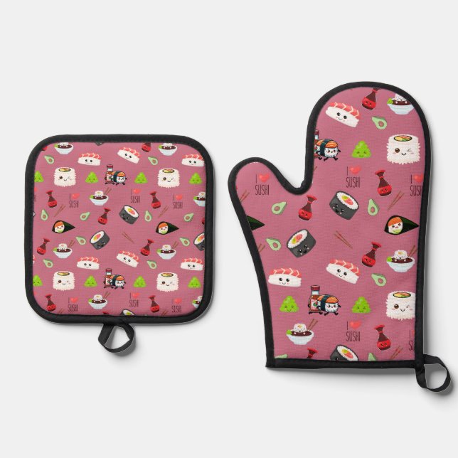 Set De Manoplas Cute Pink Kawaii Sushi Patterado (Anverso)